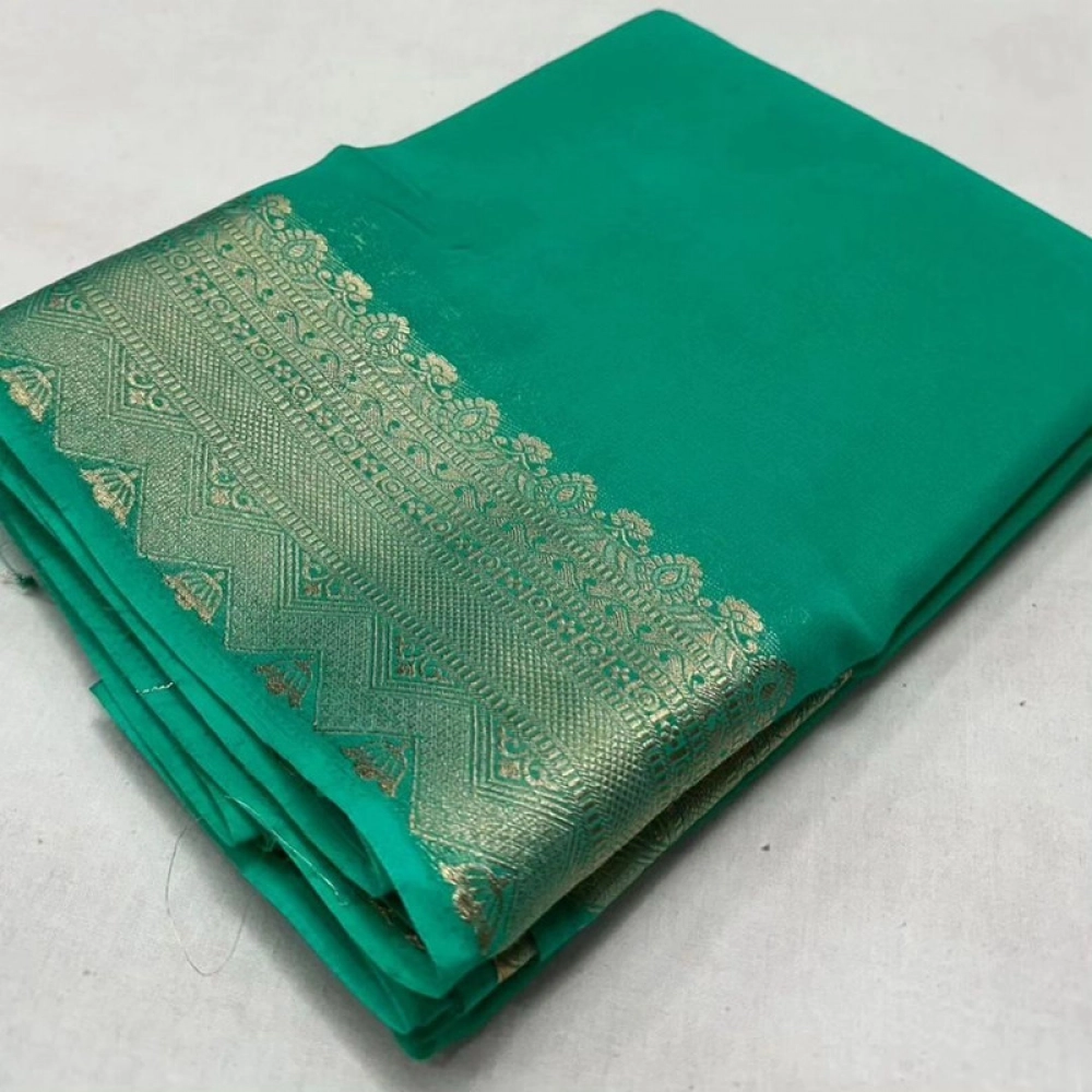 BSB98-SANW1003-Main-1000x1000-1.webp Women's Crepe Chit Pallu Solid Saree With Unstitched Blouse 5.5Mtr (Turquoise Green) - Image 1