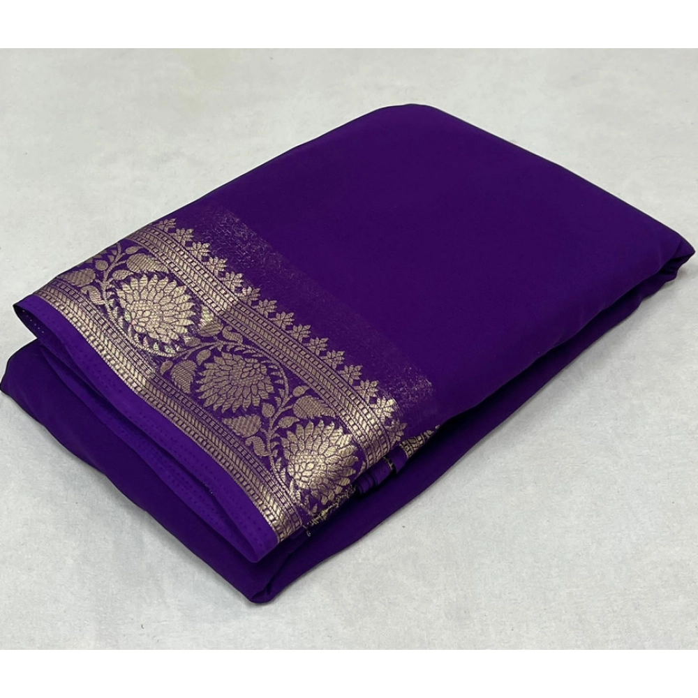 BSB98-SANW1014-Main-1000x1000-1.webp Women's Crepe Chit Pallu Solid Saree With Unstitched Blouse 5.5Mtr (Dark Purple) - Image 1