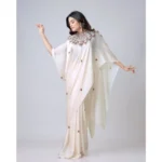 Women's Soft Crepe Silk Printed Ready To Wear Saree With Unstitched Blouse 5.5Mtr (Off White) - Image 3