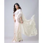 Women's Soft Crepe Silk Printed Ready To Wear Saree With Unstitched Blouse 5.5Mtr (Off White) - Image 4