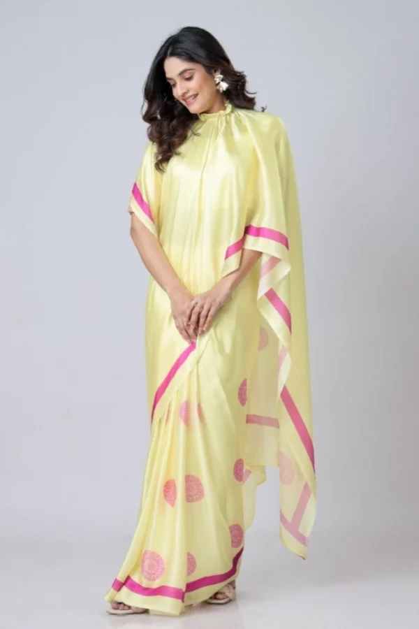 Women's Soft Crepe Silk Printed Ready To Wear Saree With Unstitched Blouse 5.5Mtr (Light Yellow)