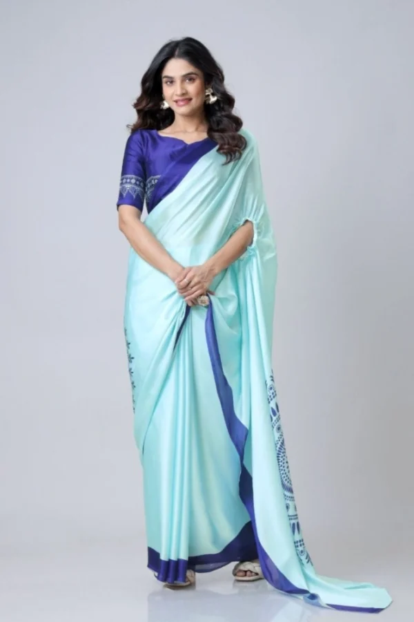 Women's Soft Crepe Silk Printed Ready To Wear Saree With Unstitched Blouse 5.5Mtr (Turquoise)
