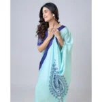 Women's Soft Crepe Silk Printed Ready To Wear Saree With Unstitched Blouse 5.5Mtr (Turquoise) - Image 4