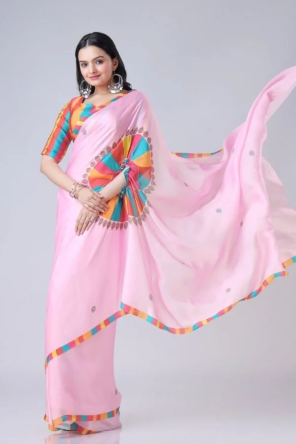 Women's Soft Crepe Silk Printed Ready To Wear Saree With Unstitched Blouse 5.5Mtr (Pink)