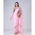 Women's Soft Crepe Silk Printed Ready To Wear Saree With Unstitched Blouse 5.5Mtr (Pink) - Image 3