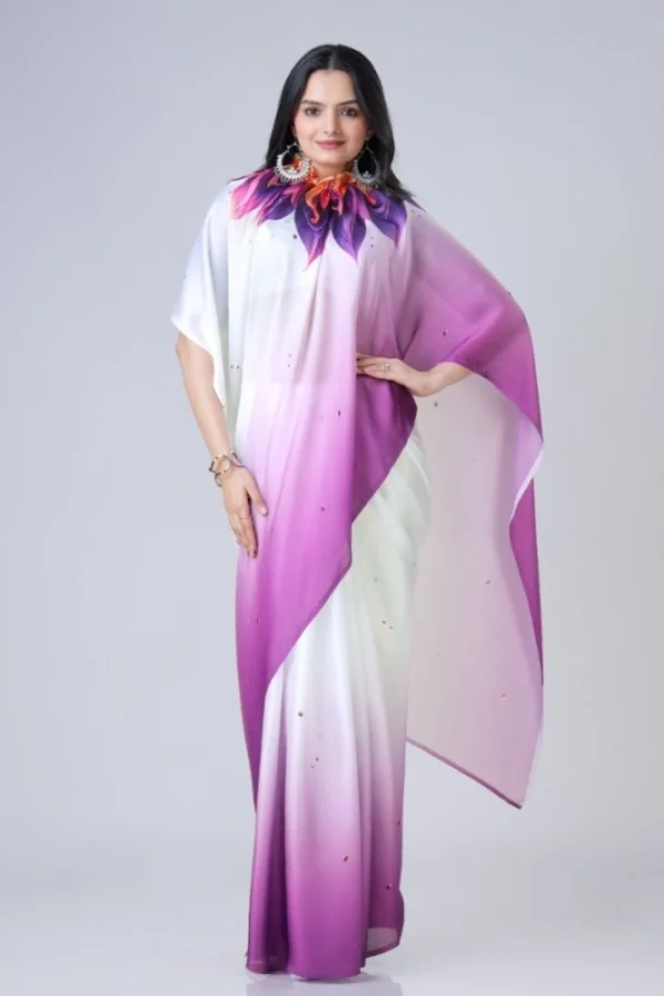 Women's Soft Crepe Silk Printed Ready To Wear Saree With Unstitched Blouse 5.5Mtr (Purple)