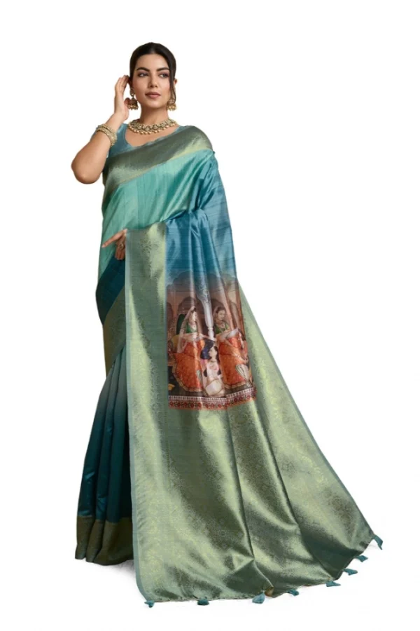 Women's Silk Printed Saree With Unstitched Blouse 5.5Mtr (Blue)
