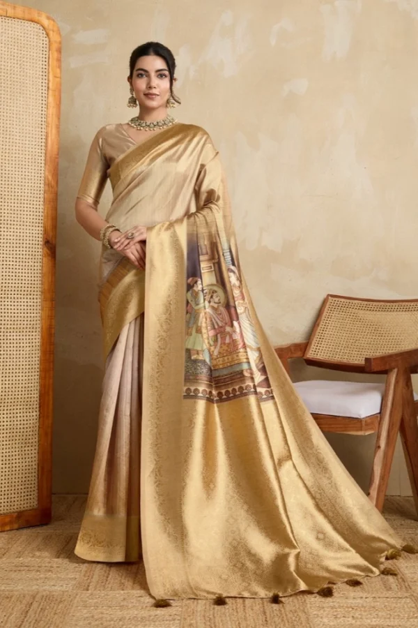Women's Silk Printed Saree With Unstitched Blouse 5.5Mtr (Gold)