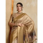 Women's Silk Printed Saree With Unstitched Blouse 5.5Mtr (Gold) - Image 2