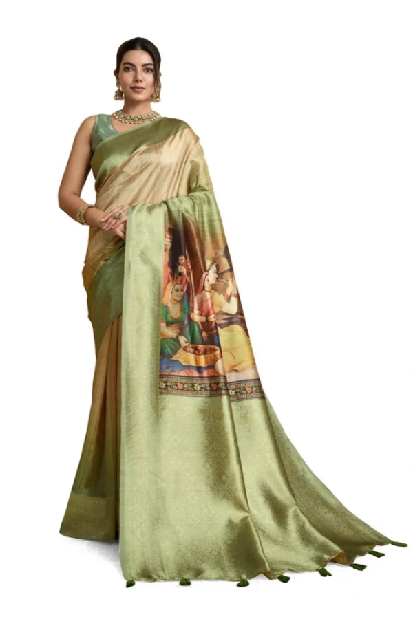 Women's Silk Printed Saree With Unstitched Blouse 5.5Mtr (Mehendi)