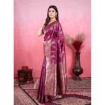 Women's Banarasi Silk Printed Saree With Unstitched Blouse 5.5Mtr (Wine) - Image 3