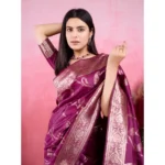 Women's Banarasi Silk Printed Saree With Unstitched Blouse 5.5Mtr (Wine) - Image 2