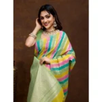 Women's Cotton Blended Printed Saree With Unstitched Blouse 5.5Mtr (Pista) - Image 3