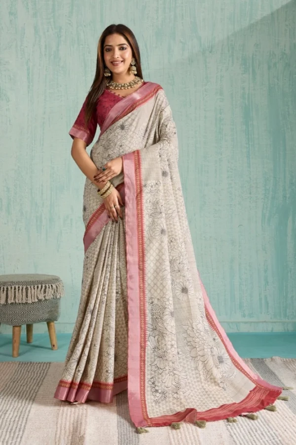 Women's Silk Blend Printed Saree With Unstitched Blouse 5.5Mtr (Beige)