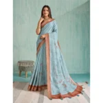 Women's Silk Blend Printed Saree With Unstitched Blouse 5.5Mtr (Blue)