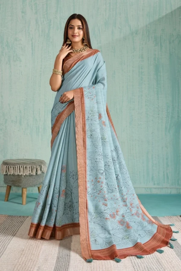 Women's Silk Blend Printed Saree With Unstitched Blouse 5.5Mtr (Blue)