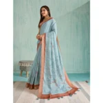 Women's Silk Blend Printed Saree With Unstitched Blouse 5.5Mtr (Blue) - Image 3