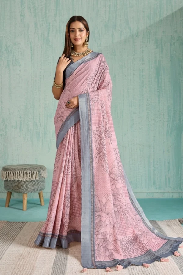 Women's Silk Blend Printed Saree With Unstitched Blouse 5.5Mtr (Pink)