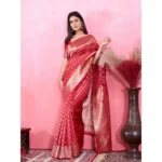 Women's Banarasi Silk Printed Saree With Unstitched Blouse 5.5Mtr (Red) - Image 2