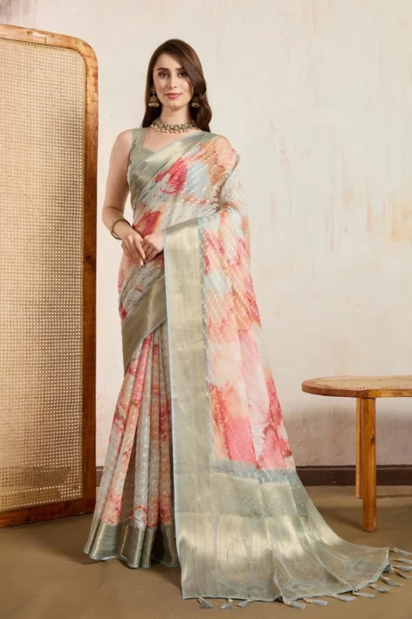 Women's Viscose Printed Saree With Unstitched Blouse 5.5Mtr (Cream)