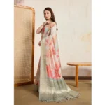 Women's Viscose Printed Saree With Unstitched Blouse 5.5Mtr (Cream) - Image 3