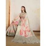 Women's Viscose Printed Saree With Unstitched Blouse 5.5Mtr (Cream) - Image 2