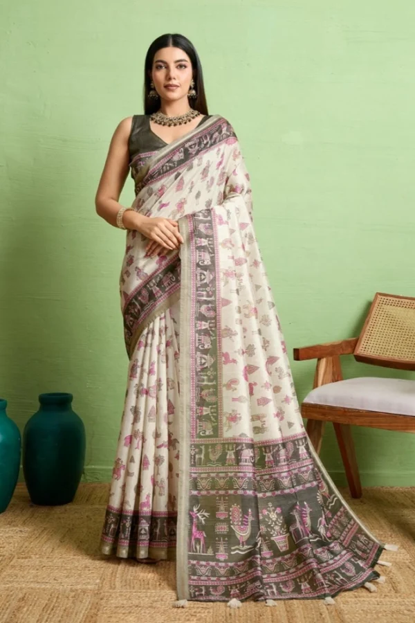 Women's Silk Blend Printed Saree With Unstitched Blouse 5.5Mtr (Off White)