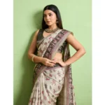 Women's Silk Blend Printed Saree With Unstitched Blouse 5.5Mtr (Off White) - Image 2