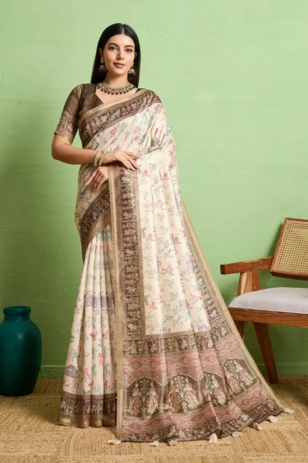 Women's Silk Blend Printed Saree With Unstitched Blouse 5.5Mtr (Cream)