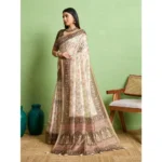 Women's Silk Blend Printed Saree With Unstitched Blouse 5.5Mtr (Cream) - Image 4