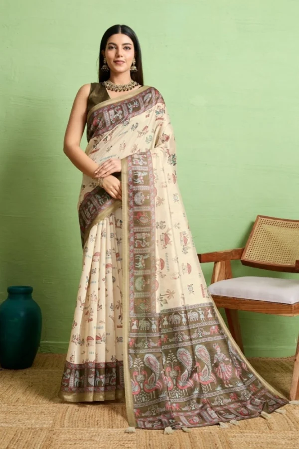 Women's Silk Blend Printed Saree With Unstitched Blouse 5.5Mtr (Cream)