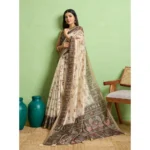 Women's Silk Blend Printed Saree With Unstitched Blouse 5.5Mtr (Cream) - Image 2