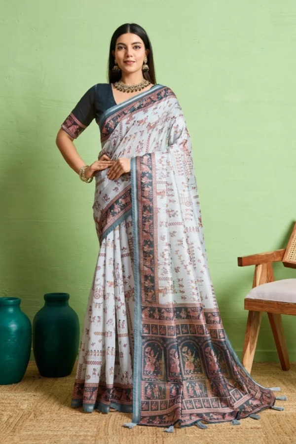 Women's Silk Blend Printed Saree With Unstitched Blouse 5.5Mtr (Grey)