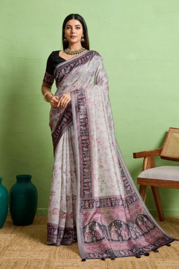 Women's Silk Blend Printed Saree With Unstitched Blouse 5.5Mtr (Grey)