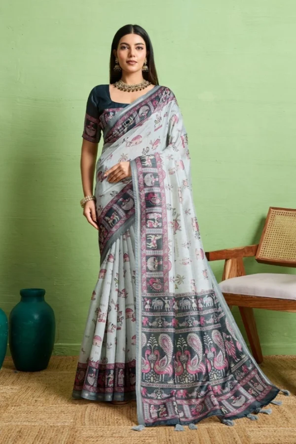 Women's Silk Blend Printed Saree With Unstitched Blouse 5.5Mtr (Grey)