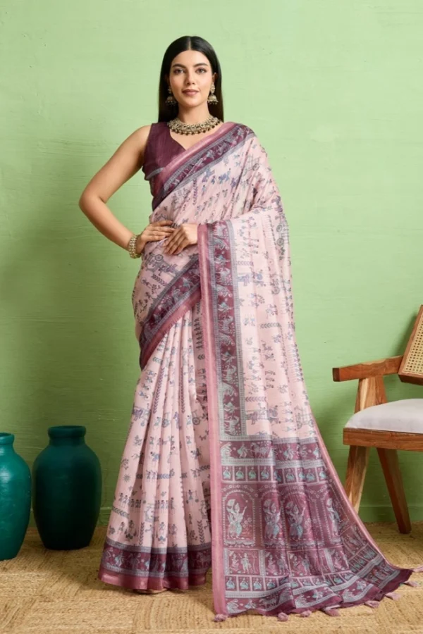Women's Silk Blend Printed Saree With Unstitched Blouse 5.5Mtr (Grey)
