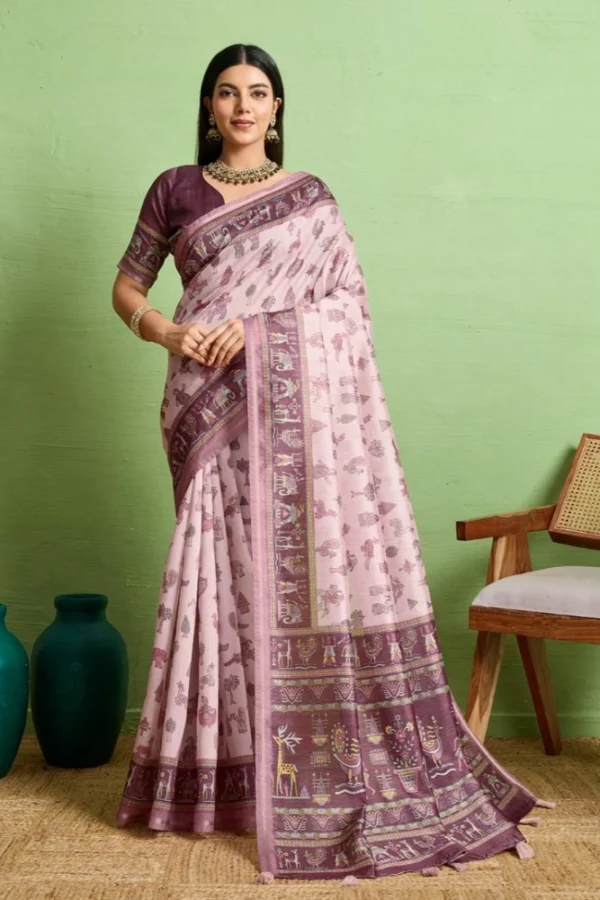 Women's Silk Blend Printed Saree With Unstitched Blouse 5.5Mtr (Grey)