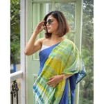 Women's Linen Printed Saree With Unstitched Blouse 5.5Mtr (Blue) - Image 4