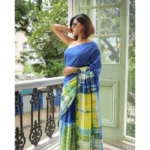 Women's Linen Printed Saree With Unstitched Blouse 5.5Mtr (Blue) - Image 3