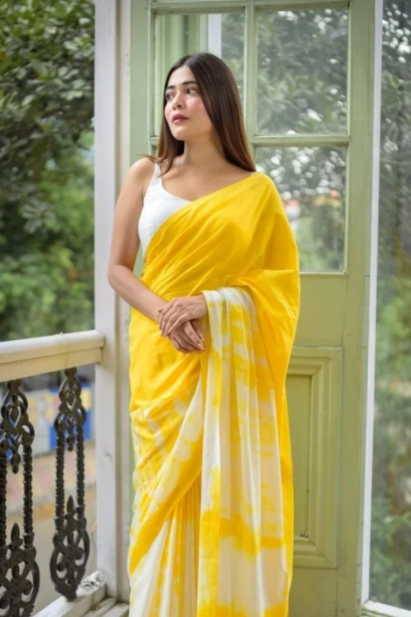 Women's Linen Printed Saree With Unstitched Blouse 5.5Mtr (Yellow)