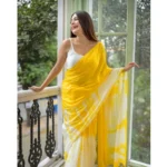 Women's Linen Printed Saree With Unstitched Blouse 5.5Mtr (Yellow) - Image 4