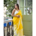 Women's Linen Printed Saree With Unstitched Blouse 5.5Mtr (Yellow) - Image 3