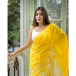 Women's Linen Printed Saree With Unstitched Blouse 5.5Mtr (Yellow) - Image 2