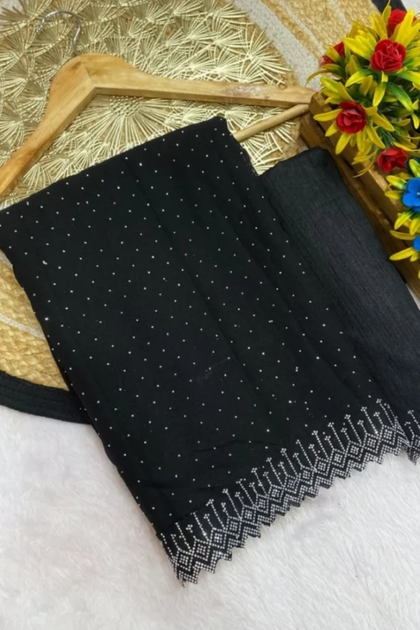 Women's Georgette Stone Work Saree With Unstitched Blouse 5.5Mtr (Black)