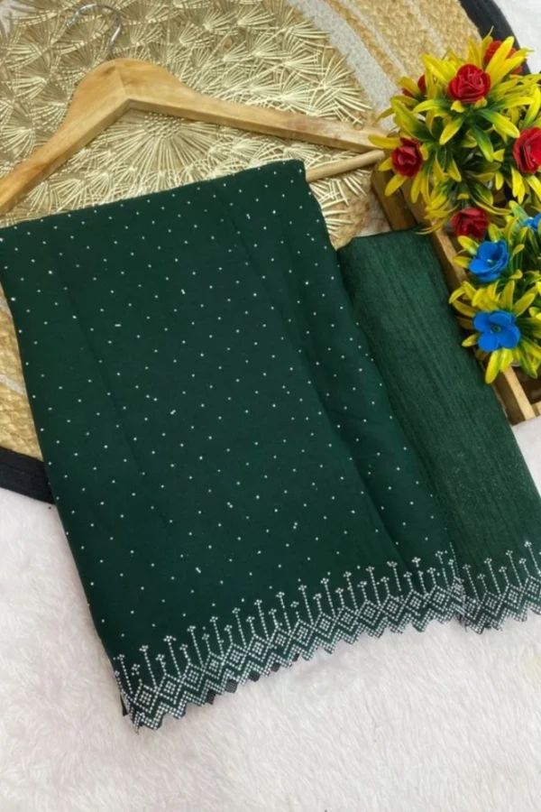 Women's Georgette Stone Work Saree With Unstitched Blouse 5.5Mtr (Green)