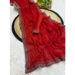 Women's Georgette Stone Work Saree With Unstitched Blouse 5.5Mtr (Red) - Image 2
