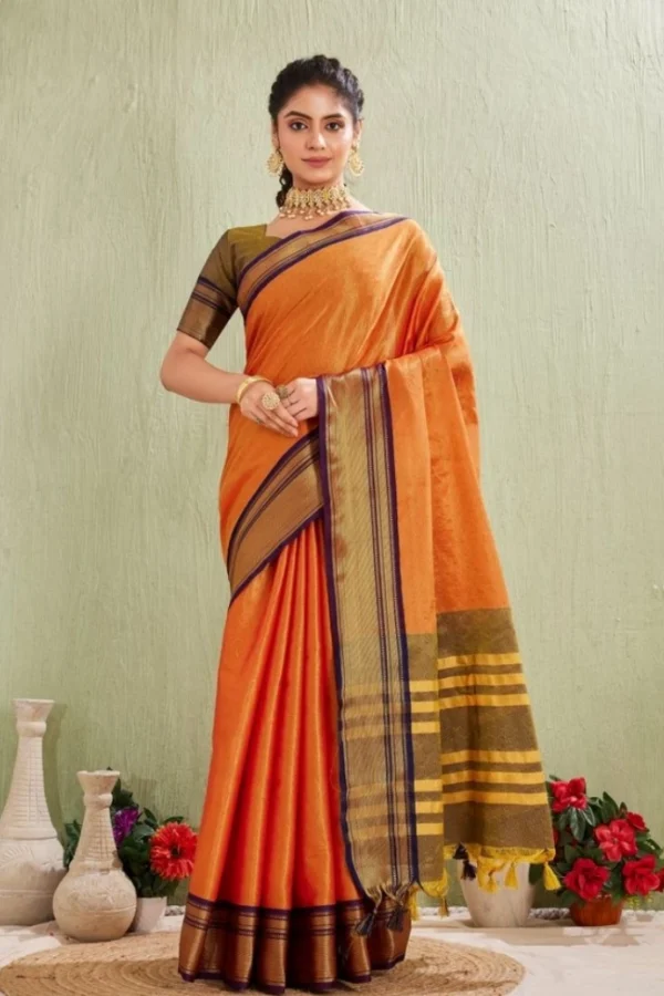 Women's Silk Blended Jaquard Woven Saree With Unstitched Blouse 5.5Mtr (Orange)