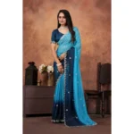 Women's Chiffon Embroidred Saree With Unstitched Blouse 5.5Mtr (Light Blue) - Image 5