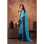 Women's Chiffon Embroidred Saree With Unstitched Blouse 5.5Mtr (Light Blue) - Image 4