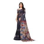 Women's Linen Printed Saree With Unstitched Blouse 5.5Mtr (Black)